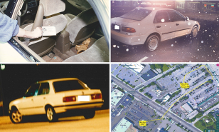 Collage images of crime scene, including location and car