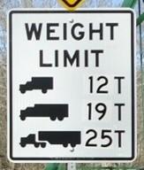 Image of a weight limit sign with 12 tons 19 tons and 25 tons.